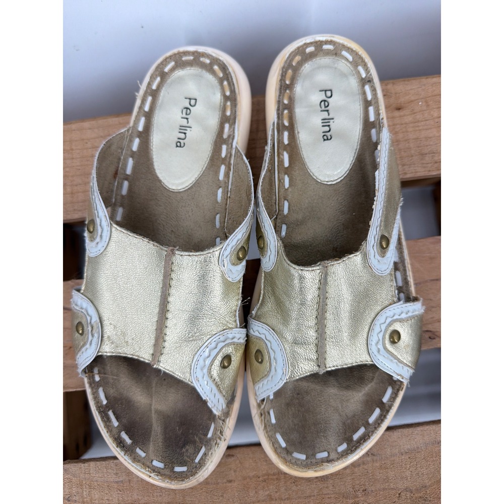 Perlina Womens 8 Metallic Gold Leather Slide Sandals Studded Boho Open Toe Mules